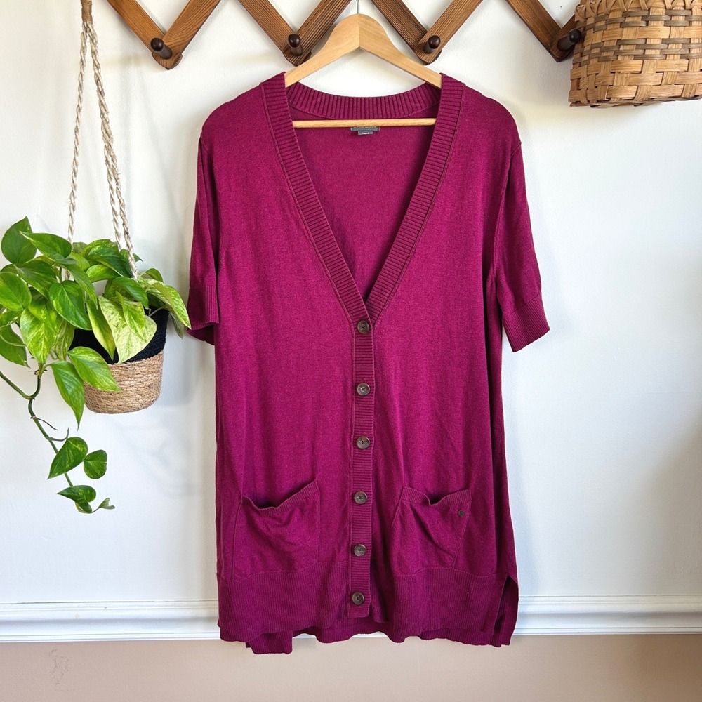 Eddie Bauer Magenta Pink Cotton Tencel Short Sleeve Button Cardigan Sweater L